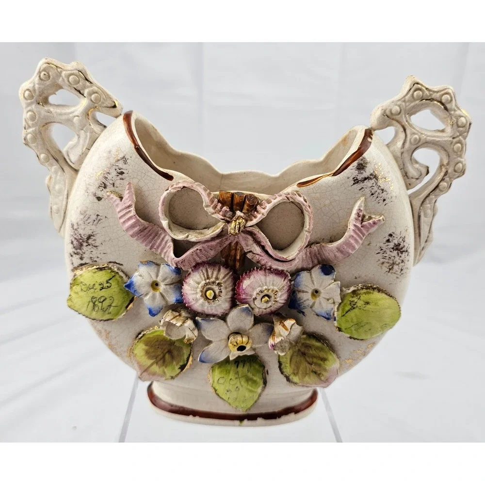 Antique Floral Vase Handled Ceramic 1897 Dated Decor Display Planter‎